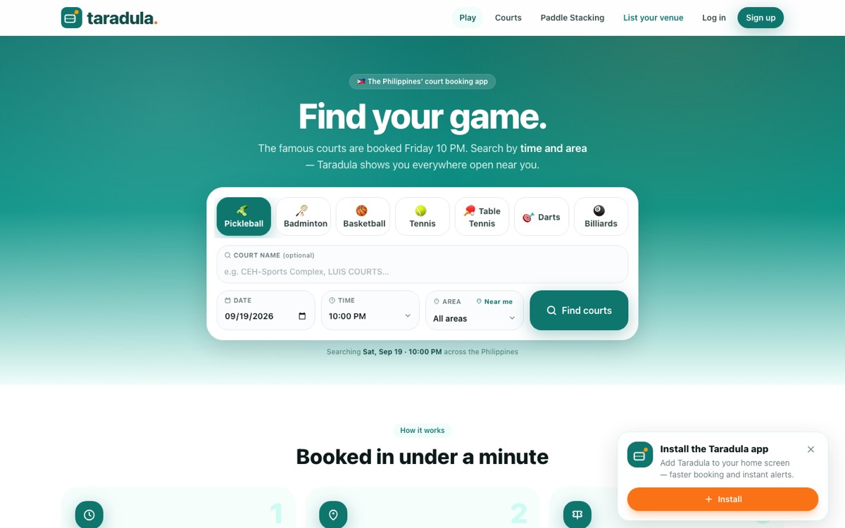 Taradula court booking home screen