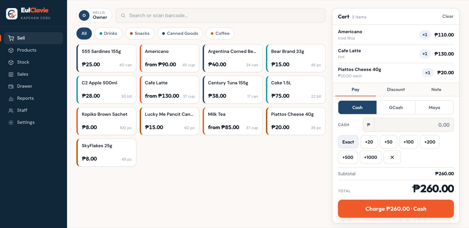 The Sales and Inventory sell screen with products, cart and payment